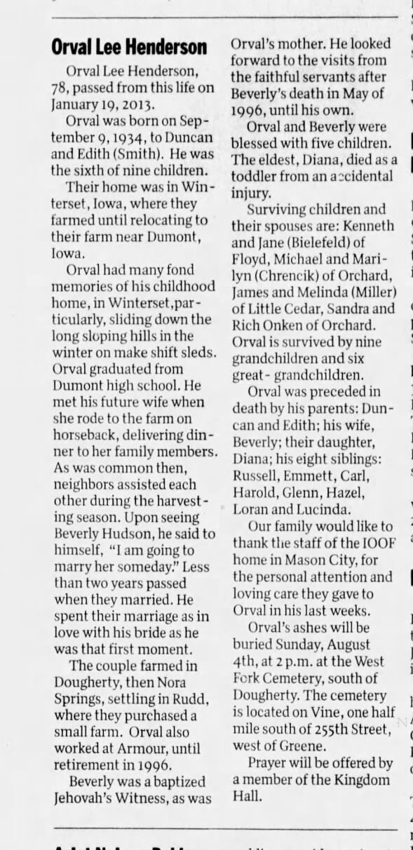 Obituary for Orval Lee Henderson, 1934-2013 (Aged 78)